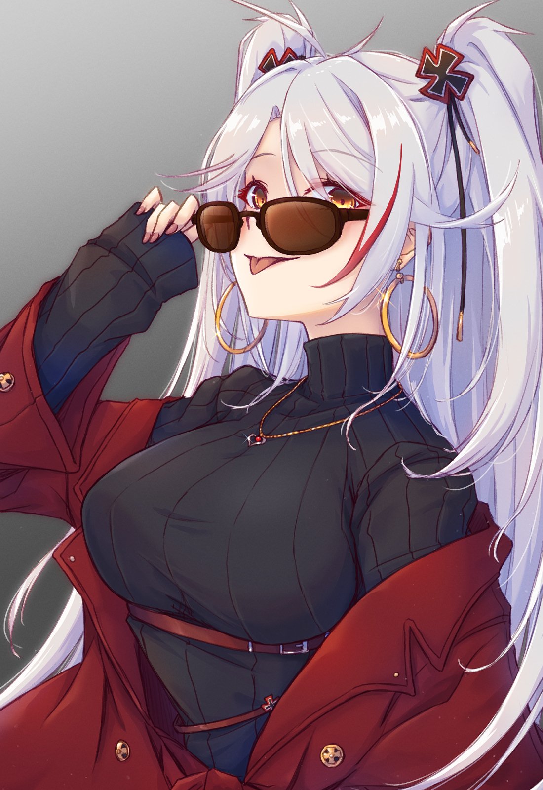 1girl adjusting_eyewear alternate_costume azur_lane black_sweater coat earrings from_side grey_background highres jewelry long_hair long_sleeves looking_at_viewer multicolored_hair prinz_eugen_(azur_lane) red_coat red_hair simple_background solo streaked_hair sunglasses sweater two-tone_hair waa!_okami white_hair yellow_eyes