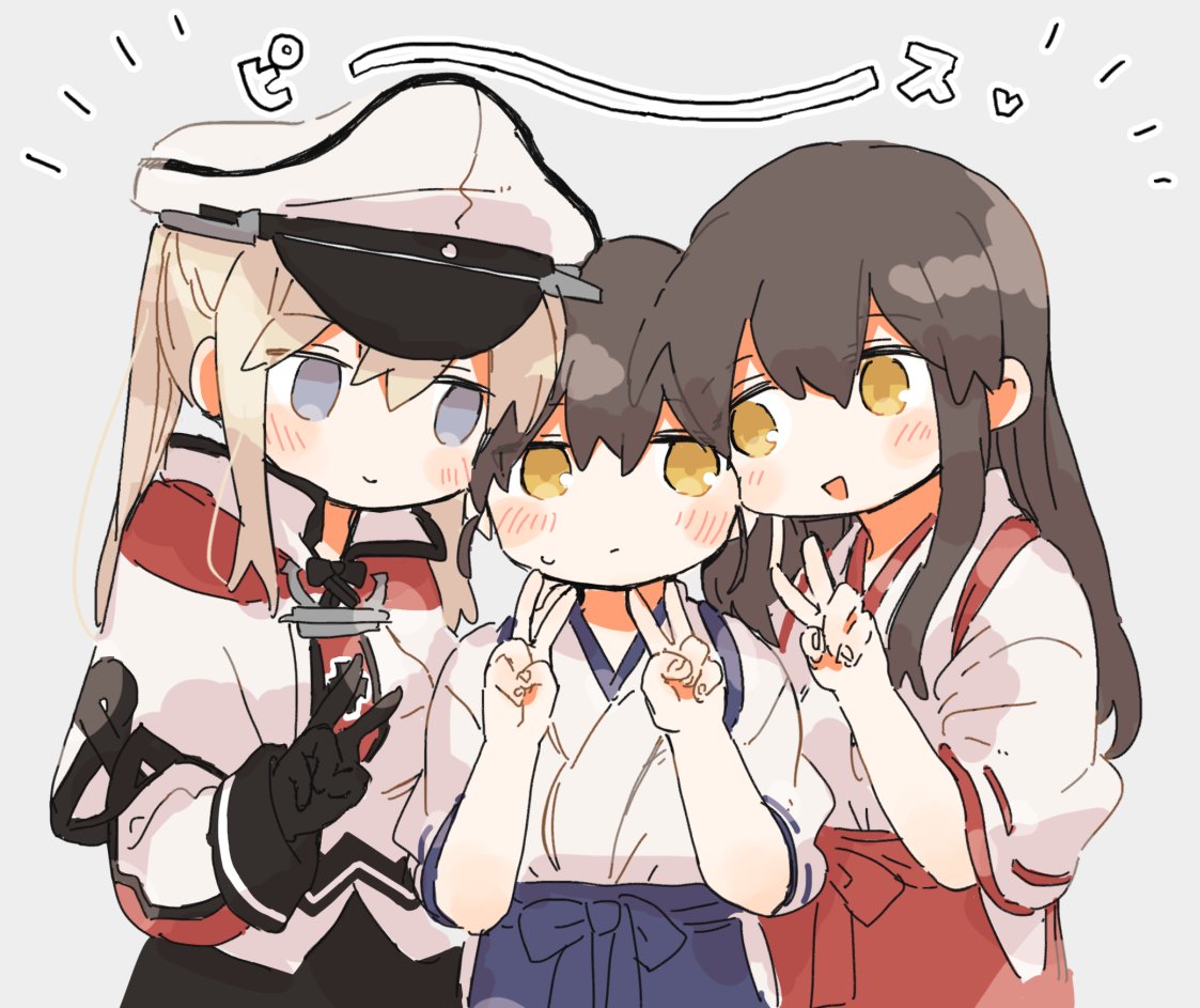 3girls akagi_(kancolle) black_gloves black_skirt blonde_hair blue_hakama blush brown_hair capelet closed_mouth double_v gloves graf_zeppelin_(kancolle) grey_background hair_between_eyes hakama hat ina_(1813576) japanese_clothes kaga_(kancolle) kantai_collection long_hair long_sleeves multiple_girls open_mouth peaked_cap purple_eyes red_hakama short_sleeves sidelocks simple_background skirt smile tasuki twintails v white_capelet white_headwear yellow_eyes