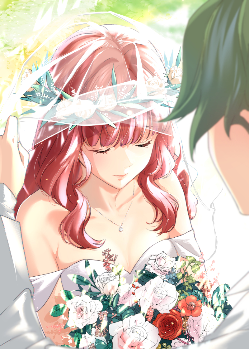 1boy 1girl alm_(fire_emblem) alternate_costume bouquet bride celica_(fire_emblem) closed_eyes closed_mouth fire_emblem fire_emblem_echoes:_shadows_of_valentia flower green_hair jewelry long_hair long_sleeves misu_kasumi necklace red_hair short_hair