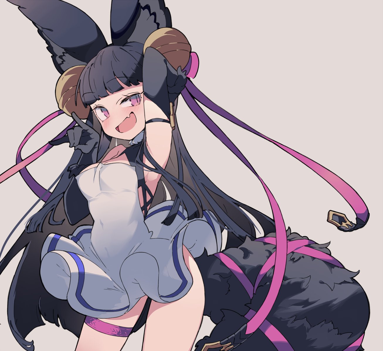 1girl animal_ear_fluff animal_ears arm_up bell black_gloves black_hair blunt_bangs blush breasts dress elbow_gloves erune fox_ears fox_shadow_puppet fox_tail gloves granblue_fantasy grey_background hair_bell hair_ornament highres jingle_bell long_hair medium_breasts open_mouth pink_eyes shimazaki1152 simple_background solo tail thigh_strap very_long_hair white_dress yuel_(granblue_fantasy)