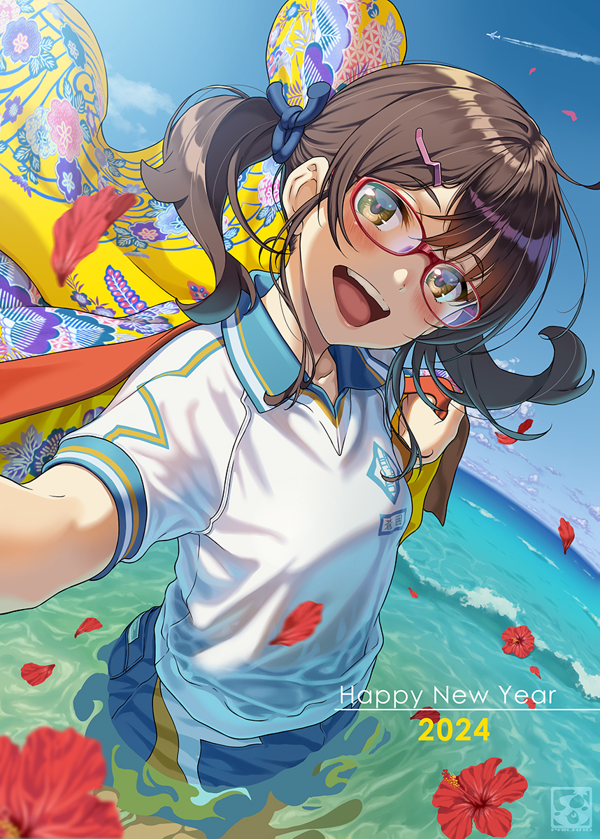 1girl 2024 :d aircraft airplane artist_logo blue_shorts brown_eyes brown_hair collared_shirt commentary_request flag flower glasses gym_uniform hair_ornament hairclip happy_new_year hibiscus highres holding holding_flag looking_at_viewer medium_hair ocean original outdoors pairan red_flower shirt short_sleeves shorts smile solo standing twintails wading water wet wet_clothes white_shirt