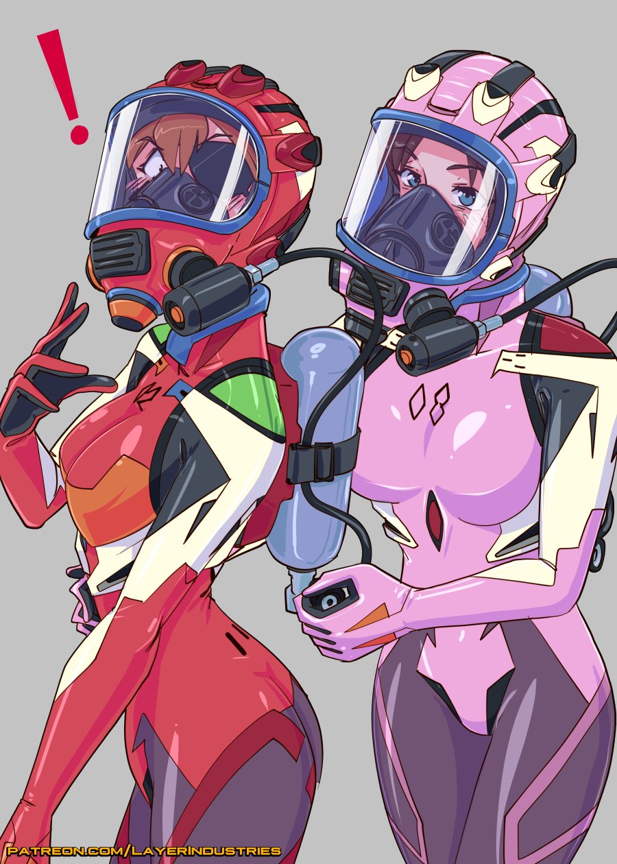 2girls asphyxiation blue_eyes blush bodysuit breasts brown_hair commander_rab(layer_industries) covered_navel evangelion:_3.0_you_can_(not)_redo eyepatch full-face_blush gas_mask grey_background hand_on_own_hip highres hose looking_at_viewer makinami_mari_illustrious mask medium_breasts multiple_girls neon_genesis_evangelion orange_hair oxygen_tank patreon_username pink_bodysuit plugsuit rebuild_of_evangelion red_bodysuit scuba scuba_gear scuba_tank skin_tight small_breasts souryuu_asuka_langley surprised valve