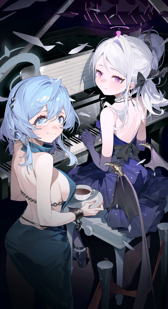 2girls ako_(blue_archive) ako_(dress)_(blue_archive) black_horns black_wings blue_archive blue_dress blue_eyes blue_hair blue_halo breasts closed_mouth coffee cup demon_horns demon_wings dress hair_between_eyes halo hina_(blue_archive) hina_(dress)_(blue_archive) horns instrument large_breasts long_hair multiple_girls multiple_horns official_alternate_costume official_alternate_hairstyle omurice_(304975636) piano piano_bench piano_keys purple_dress purple_eyes short_hair sideboob sitting sleeveless sleeveless_dress smile strapless strapless_dress white_hair wings