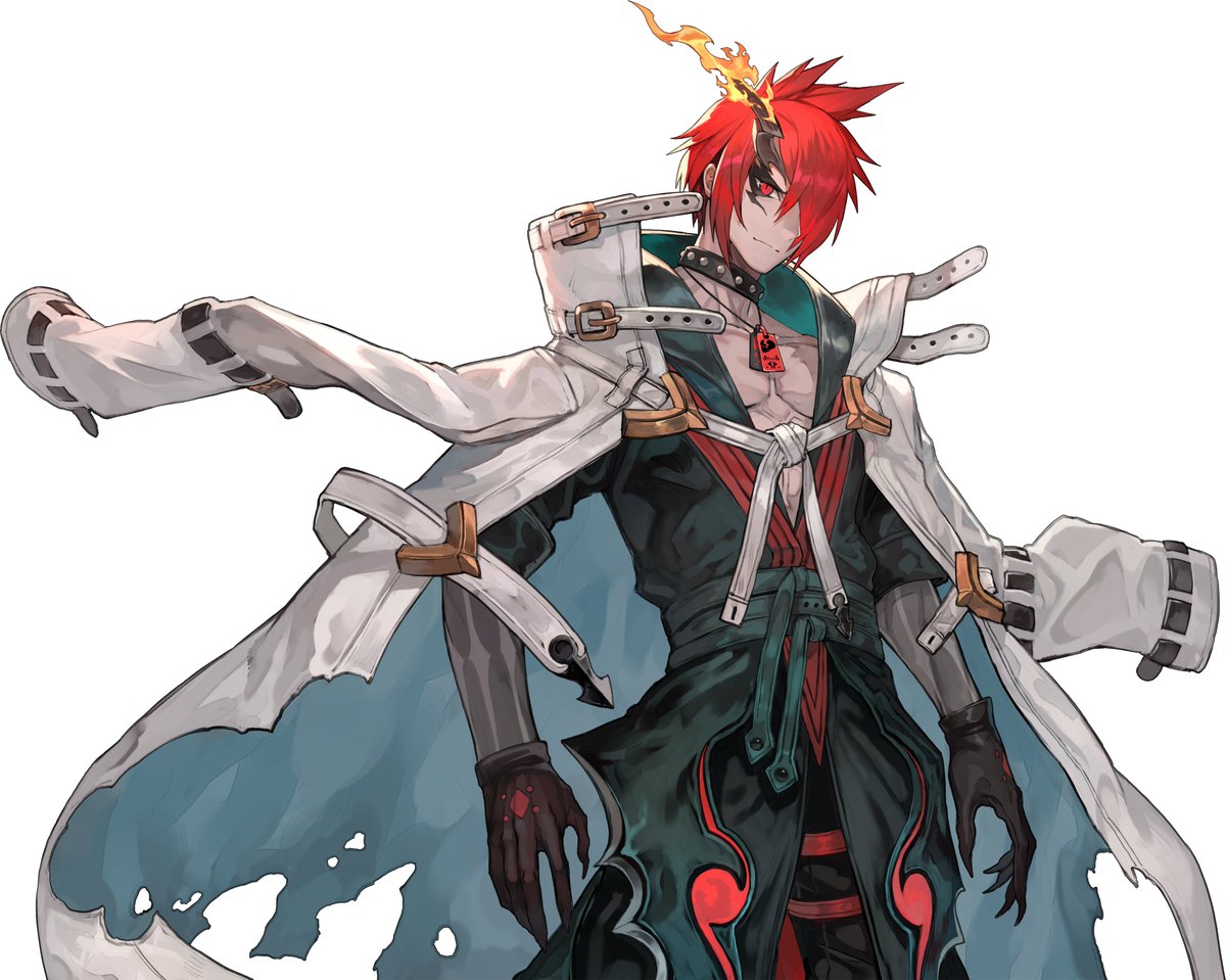 1boy abs belt black_gloves black_pants collar dog_tags gloves horns jacket killizark lack maglam_lord open_clothes open_jacket pants red_eyes red_hair single_horn solo torn_clothes white_jacket