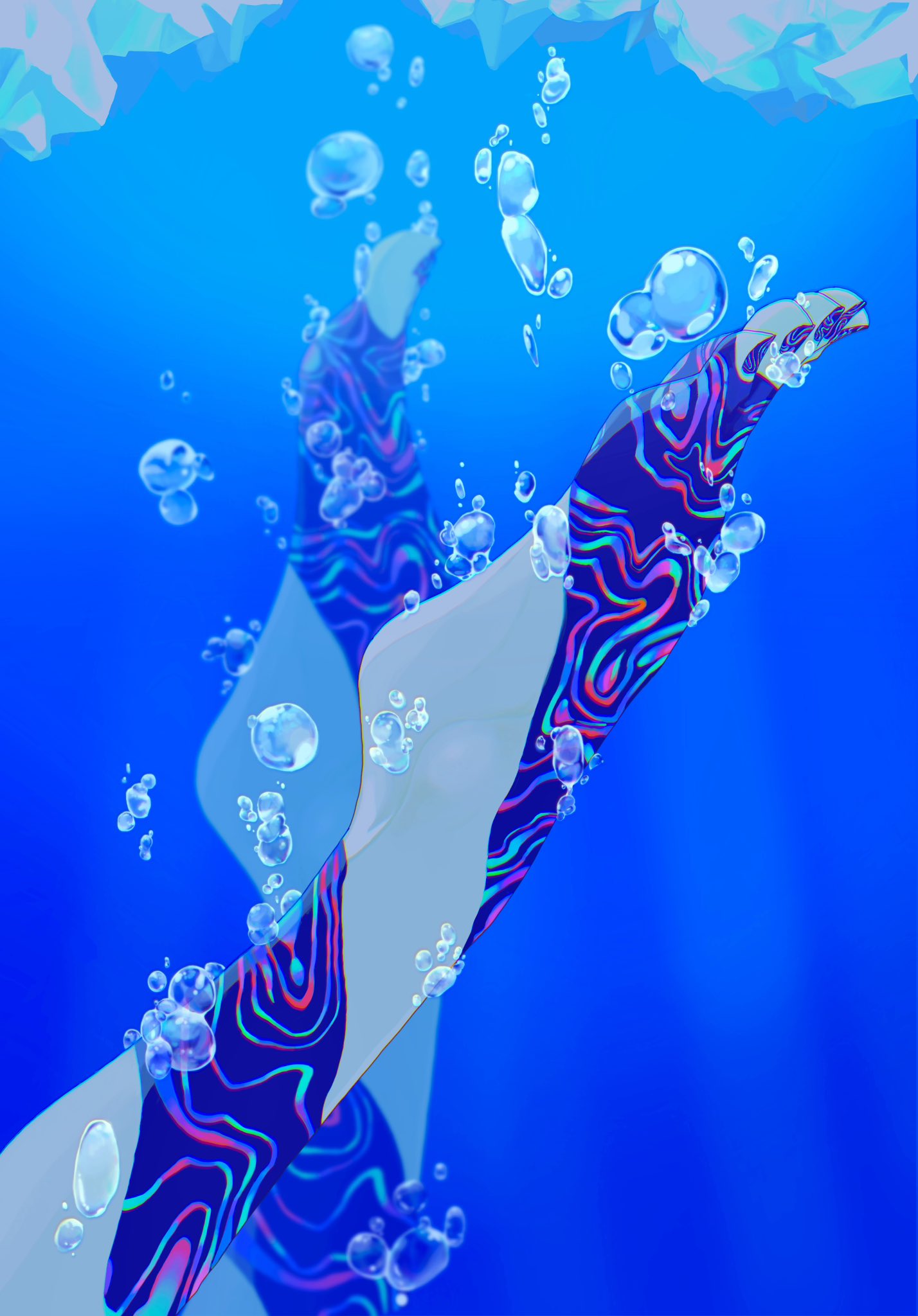 1other agate air_bubble asphyxiation barefoot blue_background blue_theme bubble close-up colored_skin drowning feet foot_focus highres houseki_no_kuni ice iridescent multicolored_skin nail_polish other_focus out_of_frame phosphophyllite plantar_flexion solo spoilers striped_skin toenail_polish toenails tri_angle7 underwater upside-down