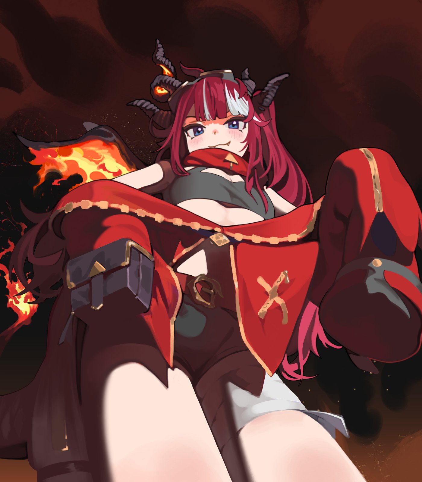 1girl bandaged_leg bandages belt black_horns black_shorts blue_eyes blush closed_mouth crop_top dragon_girl dragon_horns dragon_tail fang fire flat_chest from_below goggles goggles_on_head hechium highres horns jacket long_hair multicolored_hair multiple_horns off_shoulder phase_connect pouch red_hair red_jacket saya_sairroxs shadow shorts sleeves_past_wrists solo streaked_hair tail virtual_youtuber white_hair