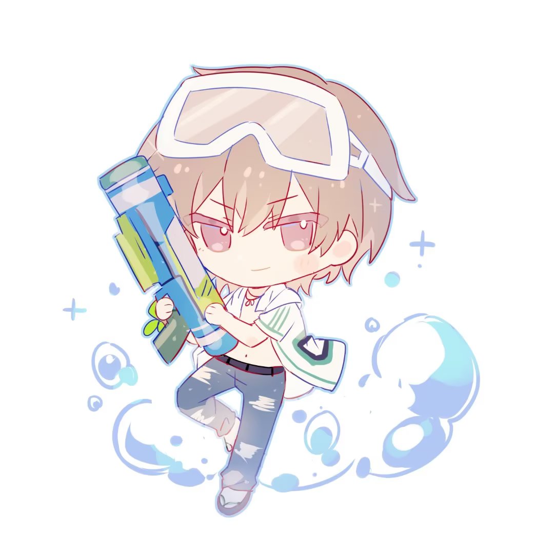 1boy blonde_hair blue_pants brown_dust_2 bubble chibi closed_mouth denim diving_mask diving_mask_on_head full_body goggles goggles_on_head gray_(brown_dust) hair_between_eyes holding holding_water_gun jeans looking_at_viewer luppykiy navel open_clothes open_shirt pants red_eyes shirt short_hair simple_background smile solo standing standing_on_one_leg torn_clothes torn_jeans torn_pants water_gun white_background white_shirt