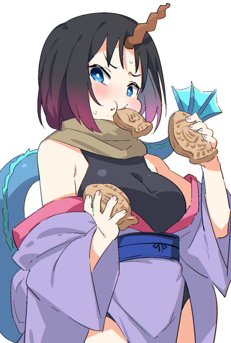 1girl black_hair black_leotard blue_eyes blush bonbas24 breasts bright_pupils cowboy_shot eating elma_(maidragon) food food_in_mouth food_on_face frown gradient_hair holding holding_food horns japanese_clothes kimono kobayashi-san_chi_no_maidragon large_breasts leotard looking_at_viewer multicolored_hair open_clothes open_kimono purple_hair purple_kimono simple_background single_horn solo standing streaked_hair wagashi white_background white_pupils