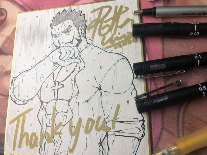 1boy abs alternate_pectoral_size bara cross cross_necklace dracule_mihawk frown hand_up jewelry large_pectorals looking_at_viewer male_focus mature_male muscular muscular_male necklace nib_pen_(medium) one_piece onionworkshop open_clothes open_shirt pectorals pencil_mustache photo_(medium) shikishi short_hair solo spiked_hair traditional_media upper_body wet
