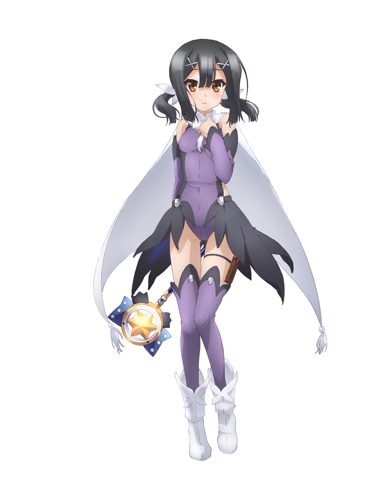1girl bare_shoulders black_hair boots breasts cape closed_mouth commentary_request detached_sleeves fate/grand_order fate/kaleid_liner_prisma_illya fate_(series) full_body hair_ornament hairclip holding holding_staff kaleidostick leotard long_hair looking_at_viewer low_twintails magical_girl magical_sapphire miyu_edelfelt morokoshi_(tekku) official_art purple_leotard purple_sleeves purple_thighhighs sidelocks simple_background skirt small_breasts solo staff standing star_(symbol) thighhighs thighhighs_under_boots thighs twintails white_background white_cape white_footwear x_hair_ornament yellow_eyes