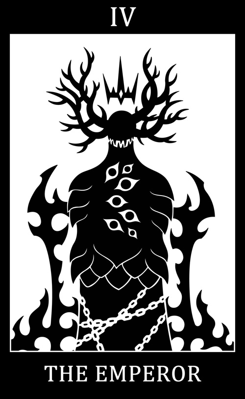 2015 4_horns 7_eyes antlers black_and_white black_border border card chain chained chair chest_eye crown deity demon demon_humanoid digital_drawing_(artwork) digital_media_(artwork) english_text floating_crown furniture grin headgear horn horned_humanoid humanoid king major_arcana male monochrome multi_eye multi_horn roman_numeral royalty scales scalie scp_foundation sharp_teeth silhouette simple_background smile solo sunnyclockwork tarot_card teeth text the_emperor_(tarot) the_scarlet_king_(scp) throne white_background white_text