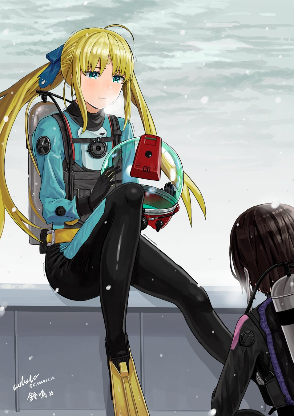 2girls artoria_caster_(fate) artoria_pendragon_(fate) black_bodysuit black_gloves black_wetsuit blonde_hair blue_bodysuit bodysuit commission diving_helmet diving_suit dry_suit fate_(series) flippers gloves green_eyes hair_ribbon helmet highres holding holding_helmet k19664663k long_hair looking_at_object multiple_girls oxygen_tank ribbon scuba scuba_gear scuba_tank sitting skeb_commission snorkel snow twintails two-tone_bodysuit wavy_mouth weight_belt wetsuit winter