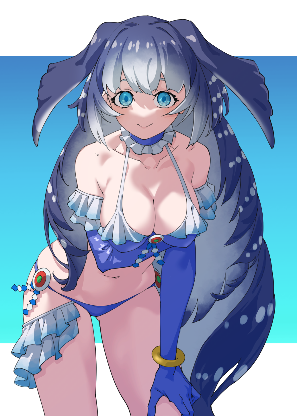 1girl arm_under_breasts bare_shoulders bikini blue_background blue_bikini blue_choker blue_eyes blue_gloves blue_hair blush breasts choker cleavage collarbone commentary cowboy_shot elbow_gloves fins frilled_bikini frilled_choker frilled_gloves frills gloves grey_hair hair_between_eyes hand_on_own_knee head_fins highres kemono_friends large_breasts leaning_forward long_hair looking_at_viewer midriff multicolored_hair navel sidelocks simple_background sleeveless smile solo steller's_sea_cow_(kemono_friends) swimsuit tail tanabe_(fueisei) thigh_strap white_hair