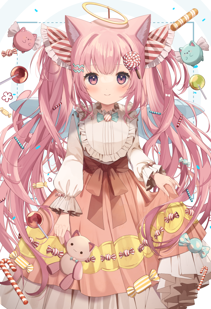 1girl animal_ears candy candy_cane cat_ears cat_girl dress fake_halo food goma_(u_p) halo lollipop original pink_eyes pink_hair smile stuffed_animal stuffed_toy twintails