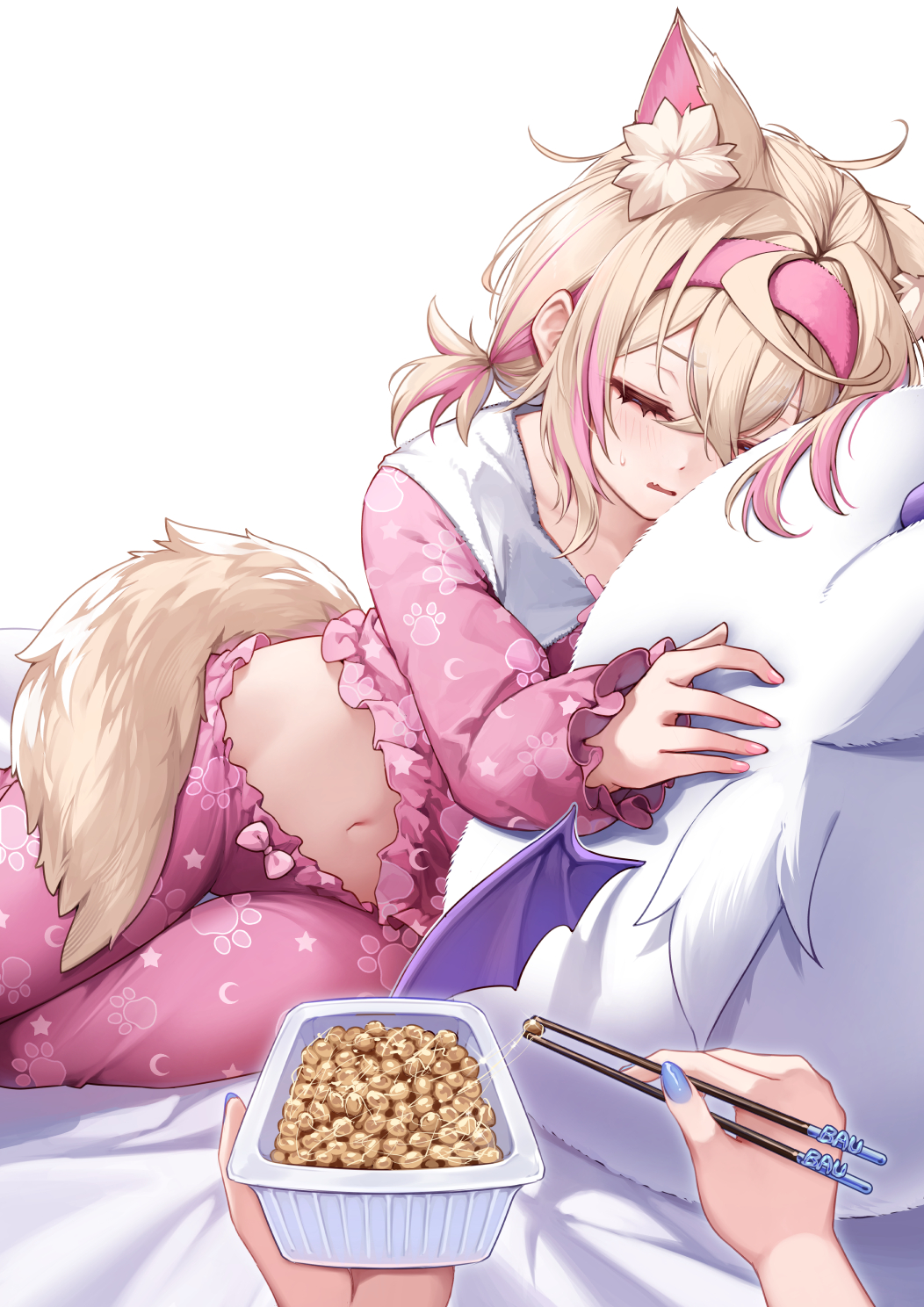 2girls animal_ear_fluff animal_ears bed_sheet blonde_hair chopsticks closed_eyes clothes_lift commentary curry_bowl dog_ears dog_girl dog_tail english_commentary fingernails food frilled_sleeves frills fuwawa_abyssgard hair_between_eyes hairband highres holding holding_chopsticks holding_food hololive hugging_object long_sleeves low_twintails lying midriff mococo_abyssgard multicolored_hair multiple_girls nail_polish nattou navel on_bed on_side open_mouth pajamas pants paw_print pink_hair pink_hairband pink_nails pink_pajamas pink_pants pink_shirt pov pov_hands shirt shirt_lift short_hair short_twintails simple_background sleeping stomach streaked_hair stuffed_toy tail twintails two-tone_hair virtual_youtuber wavy_mouth white_background