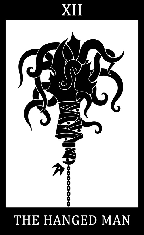 2015 black_and_white black_border border card cecaelia chain chain_collar collar crown deity digital_drawing_(artwork) digital_media_(artwork) english_text hanged hanged_king headgear humanoid king major_arcana male monochrome multi_eye roman_numeral royalty scp_foundation silhouette simple_background solo sunnyclockwork tarot_card tentacle_creature tentacles text the_hanged_man_(tarot) upside_down white_background white_text wrappings