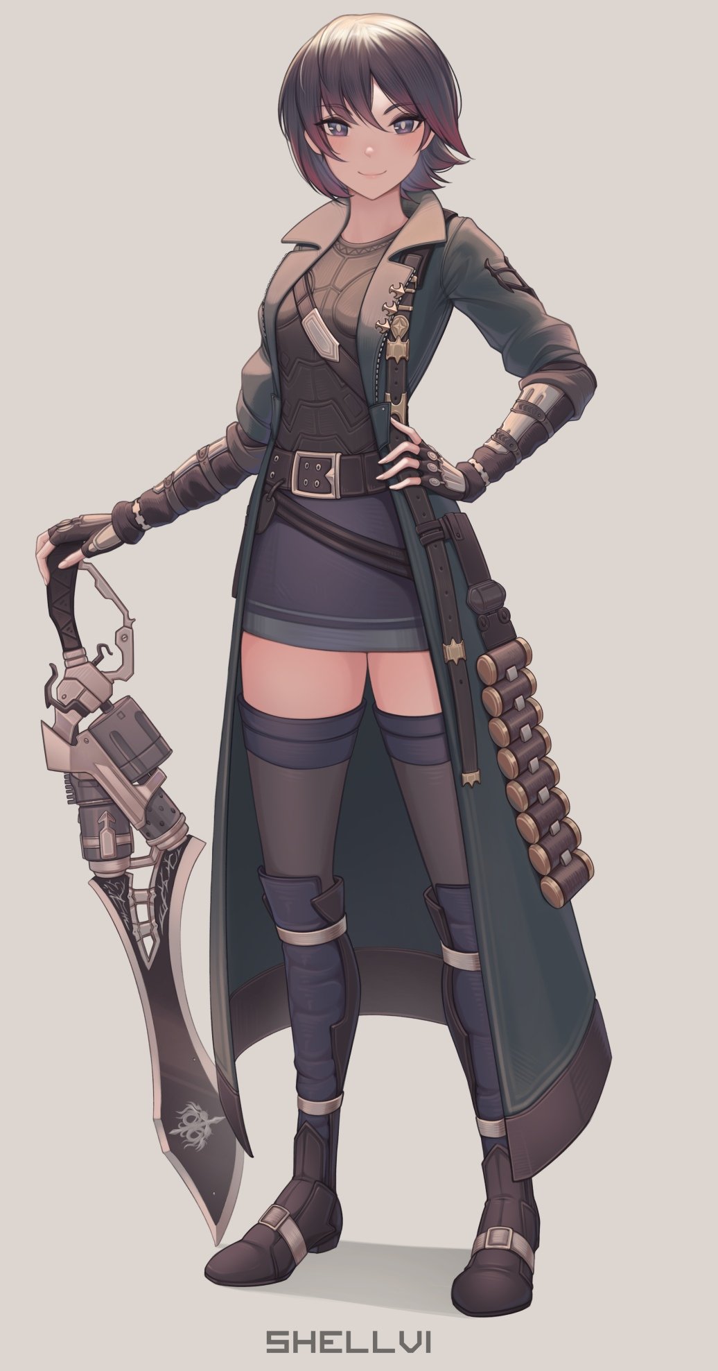 1girl arm_guards artist_name belt belt_buckle boots breasts buckle commission eyebrows_visible_through_hair eyes_visible_through_hair fingerless_gloves full_body gloves grey_background grey_eyes grey_hair gun gunblade hair_between_eyes hand_guard hand_on_hip highres knee_boots looking_at_viewer miniskirt original shellvi short_hair simple_background skirt sleeves_rolled_up small_breasts smile solo standing sword thighhighs trench_coat watermark weapon zettai_ryouiki