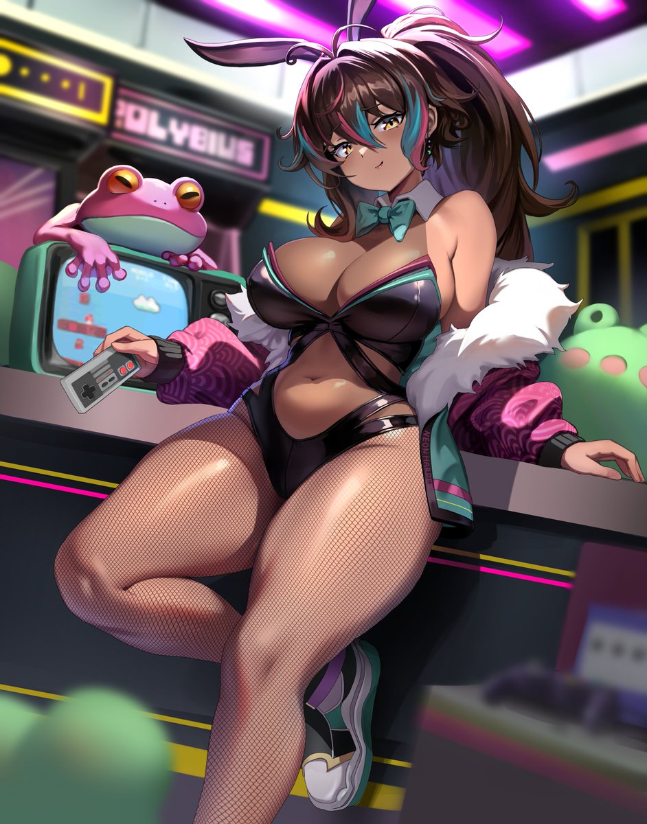 1boy 1girl animal_ears aqua_jacket arcade_cabinet bare_shoulders black_leotard blue_hair blurry blurry_background blurry_foreground breasts brown_hair bunny_day closed_mouth controller dark-skinned_female dark_skin earrings fake_animal_ears fishnet_pantyhose fishnets frog fur-trimmed_jacket fur_trim gad_the_god game_controller highres holding holding_controller holding_game_controller jacket jewelry leotard long_hair mario mario_(series) multicolored_footwear multicolored_hair neon_harper pantyhose pink_hair pink_sleeves playboy_bunny ponytail rabbit_ears second-party_source see-through see-through_leotard shoes solo streaked_hair television virtual_youtuber yellow_eyes