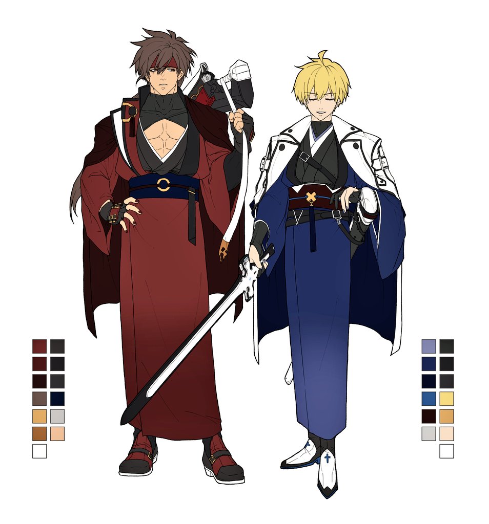 2boys alternate_costume black_gloves black_nails blonde_hair blue_kimono brown_hair ebi_pri_shrimp father-in-law_and_son-in-law fingerless_gloves full_body gloves guilty_gear guilty_gear_strive hair_between_eyes headband holding holding_sword holding_weapon japanese_clothes kimono ky_kiske long_hair long_sleeves looking_at_another male_focus multiple_boys muscular muscular_male obi pectorals red_eyes red_kimono sash short_hair smile sol_badguy spiked_hair standing sword thunderseal weapon wide_sleeves
