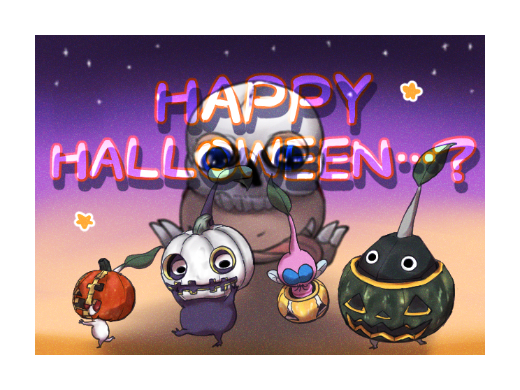 ...? black_eyes black_skin blue_eyes border bulborb colored_skin commentary_request gradient_background halloween halloween_costume happy_halloween insect_wings jack-o'-lantern leaf lineup night night_sky no_humans no_mouth orange_background orange_headwear outstretched_arms pikmin_(creature) pikmin_(series) pink_skin plump pumpkin_hat purple_background purple_pikmin purple_skin red_eyes rock rock_pikmin skull-shaped_hat sky solid_circle_eyes star_(sky) star_(symbol) starry_sky usuba_(hatomugip) white_border white_headwear white_pikmin white_skin winged_pikmin wings