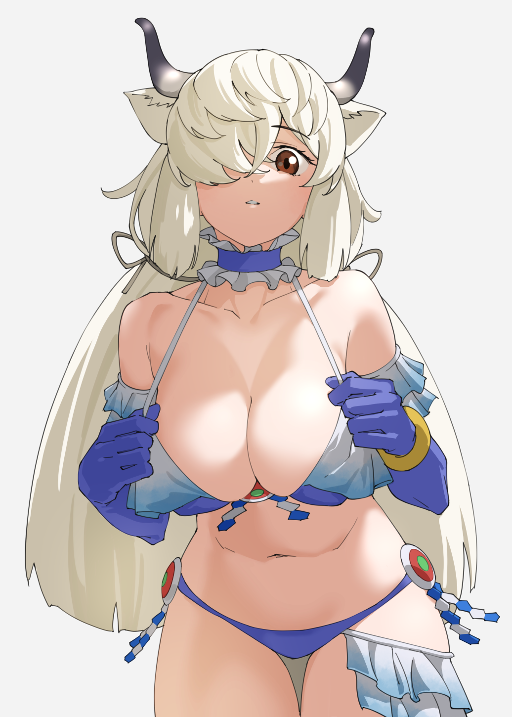 1girl bare_shoulders bikini blue_bikini blue_choker blue_gloves breasts brown_eyes choker cleavage collarbone commentary cosplay cowboy_shot elbow_gloves extra_ears frilled_bikini frilled_choker frilled_gloves frills gloves grey_background hair_over_one_eye highres kemono_friends large_breasts long_hair low_twintails midriff navel one_eye_covered ox_ears ox_girl ox_horns ox_tail parted_lips sidelocks simple_background solo steller's_sea_cow_(kemono_friends) steller's_sea_cow_(kemono_friends)_(cosplay) swimsuit tanabe_(fueisei) thigh_gap twintails white_hair yak_(kemono_friends)
