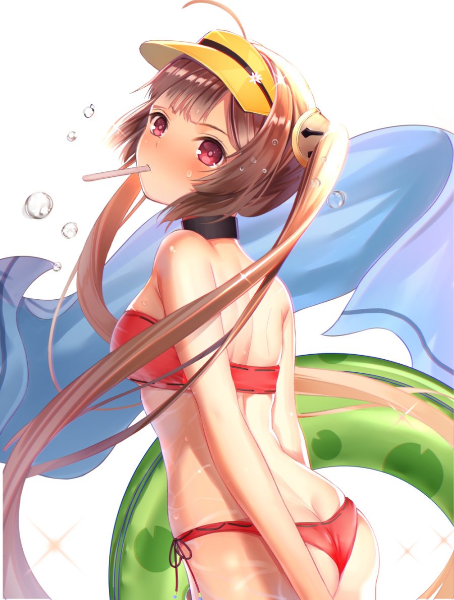 1girl ahoge ass azur_lane back bikini black_choker blush brown_hair butt_crack choker gloves green_innertube halterneck holding holding_swim_ring jacket long_hair looking_at_viewer miriam_(34502423) navel official_alternate_costume ping_hai_(azur_lane) ping_hai_(summer_vacation)_(azur_lane) popsicle_stick red_bikini red_eyes red_gloves shoulder_blades side-tie_bikini_bottom sidelocks simple_background solo stomach swim_ring swimsuit twintails very_long_hair visor_cap white_background