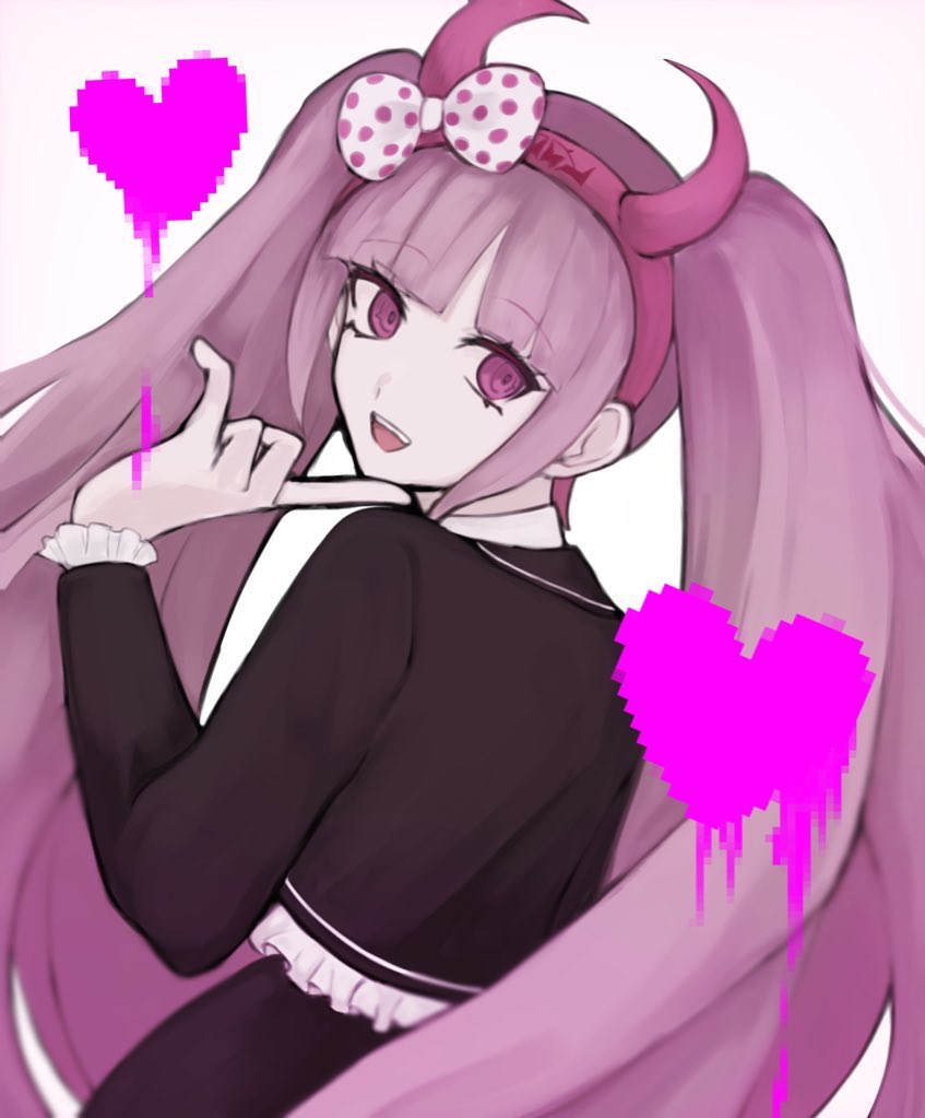 1girl :d blunt_bangs bow danganronpa_(series) danganronpa_another_episode:_ultra_despair_girls fake_horns from_behind hair_bow hairband hand_up heart horns jacket lll_shino long_hair long_sleeves looking_at_viewer open_mouth pink_eyes pink_hair simple_background smile solo twintails utsugi_kotoko white_background