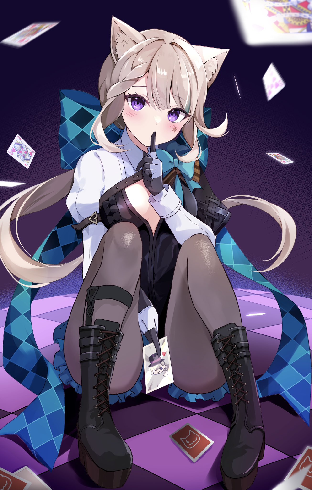 1girl animal_ears aqua_bow black_footwear blush boots bow breasts card cat_ears commentary_request cross-laced_footwear genshin_impact grey_hair grey_pantyhose hair_bow hand_up head_tilt highres hyurasan index_finger_raised juliet_sleeves knees_up lace-up_boots long_hair long_sleeves looking_at_viewer lynette_(genshin_impact) lyney_(genshin_impact) pantyhose puffy_sleeves purple_eyes shadow shrug_(clothing) sitting small_breasts solo very_long_hair