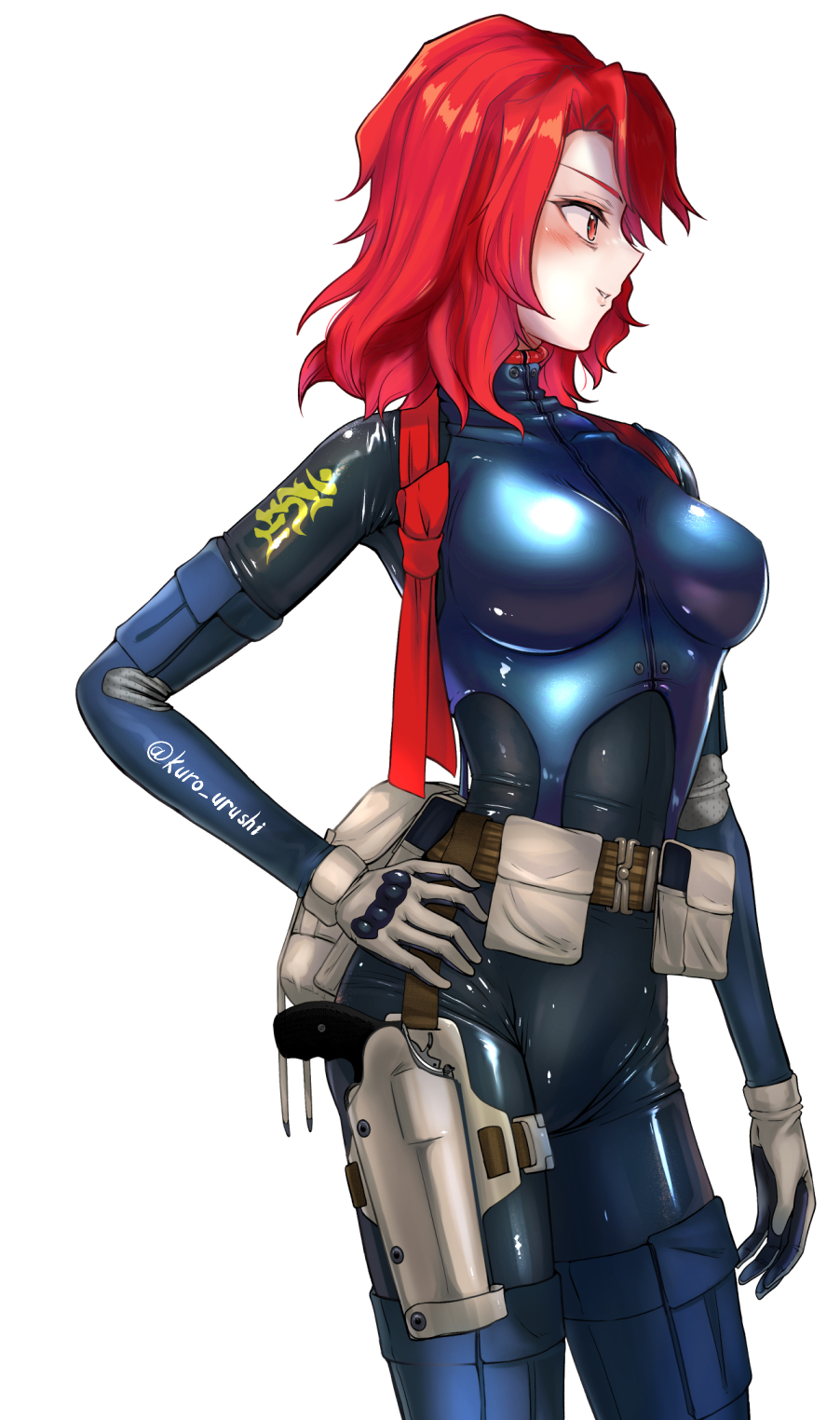 1girl belt belt_buckle belt_pouch blue_bodysuit blush bodysuit breasts brown_belt buckle cameltoe covered_navel covered_nipples cowboy_shot gloves grey_gloves gun highres looking_ahead medium_breasts original parazan_d parted_lips pouch red_eyes red_hair revolver short_hair skin_tight teeth thigh_pouch two-tone_gloves weapon white_background