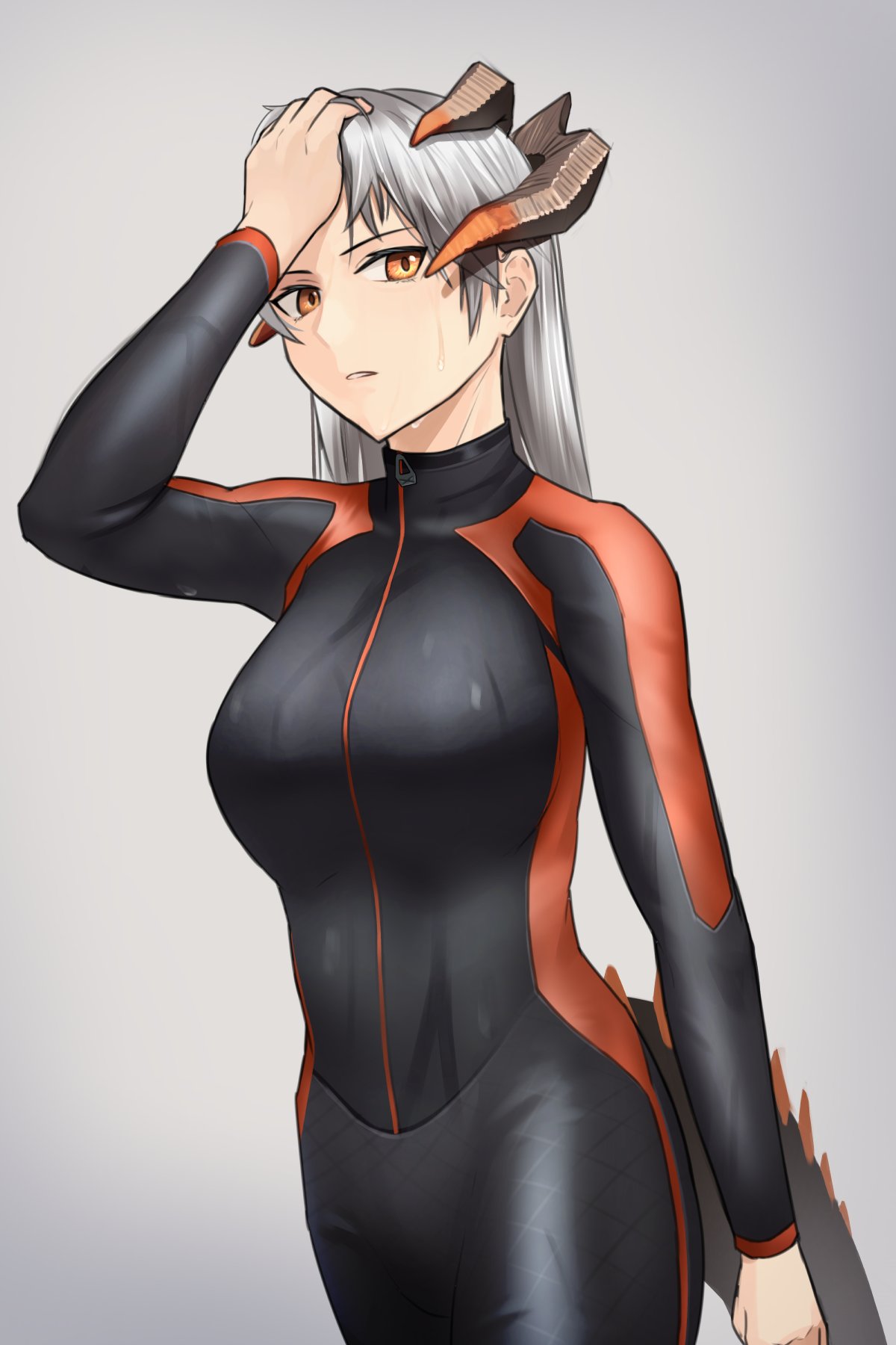 1girl adjusting_hair alternate_costume arknights arm_up black_bodysuit black_wetsuit bodysuit breasts clenched_hand commission cowboy_shot diving_suit grey_background grey_hair highres horns kis_sako long_hair looking_at_viewer medium_breasts open_mouth orange_eyes saria_(arknights) skeb_commission solo tail teeth two-tone_bodysuit water_drop wet wet_clothes wetsuit zipper_pull_tab