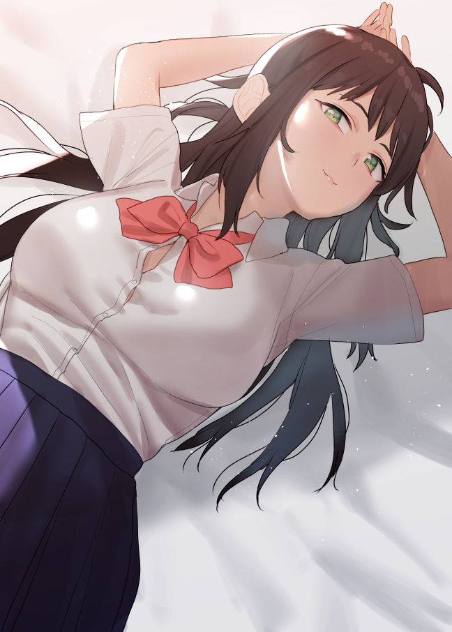 1girl arms_up bangs bed_sheet blue_skirt bow breasts brown_hair closed_mouth collared_shirt commentary_request dress_shirt green_eyes long_hair looking_at_viewer lying medium_breasts on_back original pleated_skirt red_bow school_uniform shirt short_sleeves skirt smile solo subachi very_long_hair white_shirt