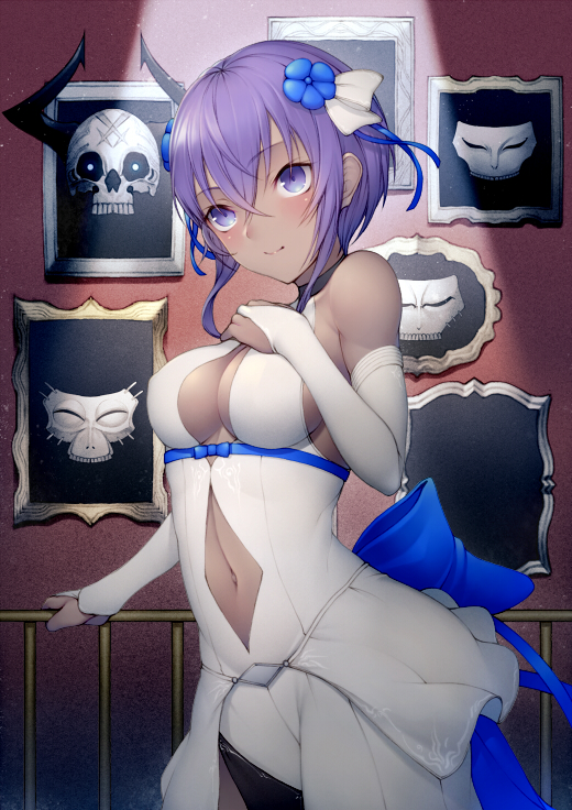 1girl banned_artist bare_shoulders blue_bow blue_flower blush bow breasts bridal_gauntlets cleavage cleavage_cutout commentary_request dark_skin dress elbow_gloves eyebrows_visible_through_hair fate/grand_order fate_(series) flower gloves hair_between_eyes hair_flower hair_ornament hand_on_own_chest hassan_of_serenity_(fate) holding_railing kyoeiki light_smile navel navel_cutout picture_frame purple_eyes purple_hair short_hair skull_mask sleeveless sleeveless_dress solo white_dress white_gloves