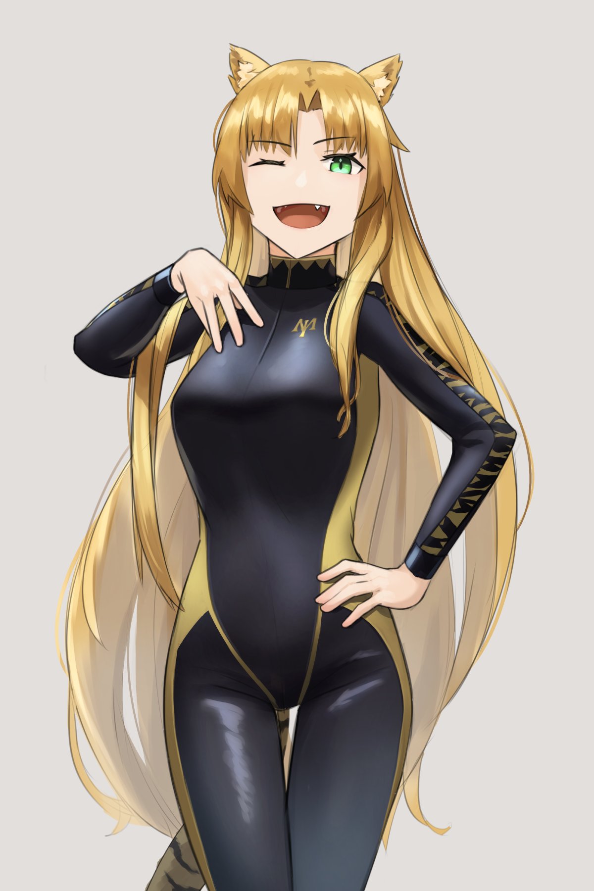 1girl alternate_costume animal_ear_fluff animal_ears animal_print arknights black_bodysuit black_wetsuit bodysuit breasts commission covered_navel cowboy_shot diving_suit fang goggles goggles_on_head green_eyes grey_background hand_on_own_chest hand_on_own_hip highres kis_sako long_hair looking_at_viewer medium_breasts one_eye_closed open_mouth simple_background skeb_commission skin_tight smile snorkel strap swire_(arknights) tail tiger_ears tiger_print tiger_tail two-tone_bodysuit wetsuit
