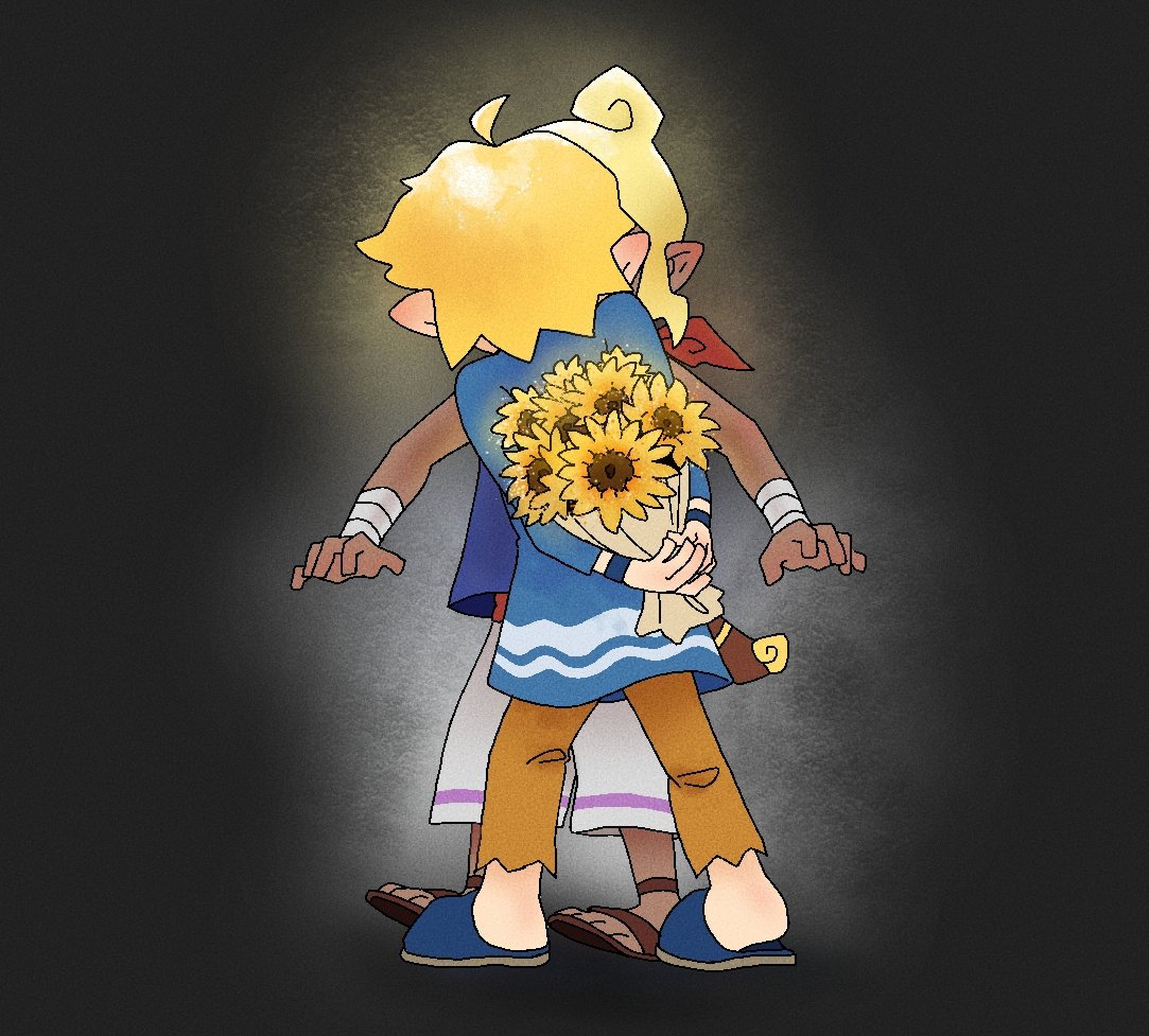 1boy 1girl aww_250 blonde_hair bouquet dark-skinned_female dark_skin holding holding_behind_back implied_kiss link official_alternate_costume pointy_ears sandals scarf slippers tetra the_legend_of_zelda the_legend_of_zelda:_the_wind_waker toon_link wrist_wrap