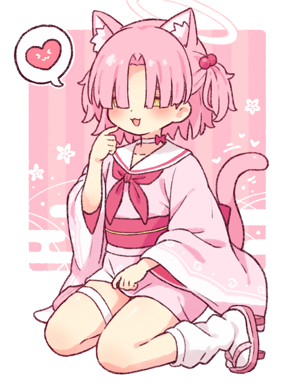 1girl :3 animal_ear_fluff animal_ears blue_archive blush cat_ears cat_girl cat_tail chlorella_observation_club_member_(blue_archive) choker commentary_request extra_ears full_body geta hair_over_eyes halo heart japanese_clothes kimono long_sleeves neckerchief obi onyhakase open_mouth pink_halo pink_kimono red_neckerchief sailor_collar sandals sash short_hair short_kimono sitting socks solo speech_bubble spoken_heart tabi tail thigh_strap two_side_up wariza white_choker white_sailor_collar white_socks yellow_eyes