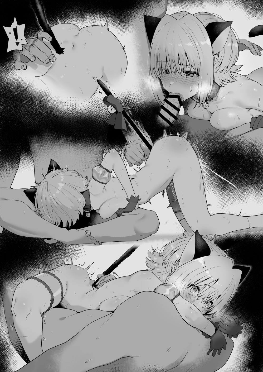 1boy 1girl animal_ears ass bow breasts bridal_garter cat_ears cat_tail collar commentary_request completely_nude dimples_of_venus erection fellatio gloves greyscale hetero highres hug medium_breasts mew_ichigo momomiya_ichigo monochrome nude ohlia oral penis sex short_hair steaming_body straddling tail tail_bow tail_ornament tokyo_mew_mew upright_straddle