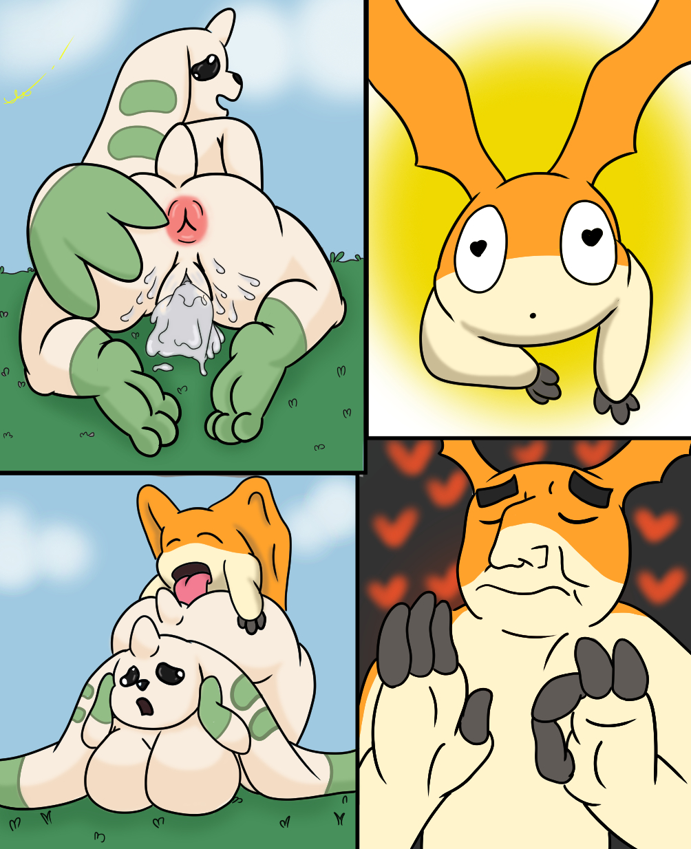 anthro bandai_namco bodily_fluids con cum digimon digimon_(species) duo female feral genital_fluids genitals hi_res humanoid male male/female patamon pussy tails981 terriermon