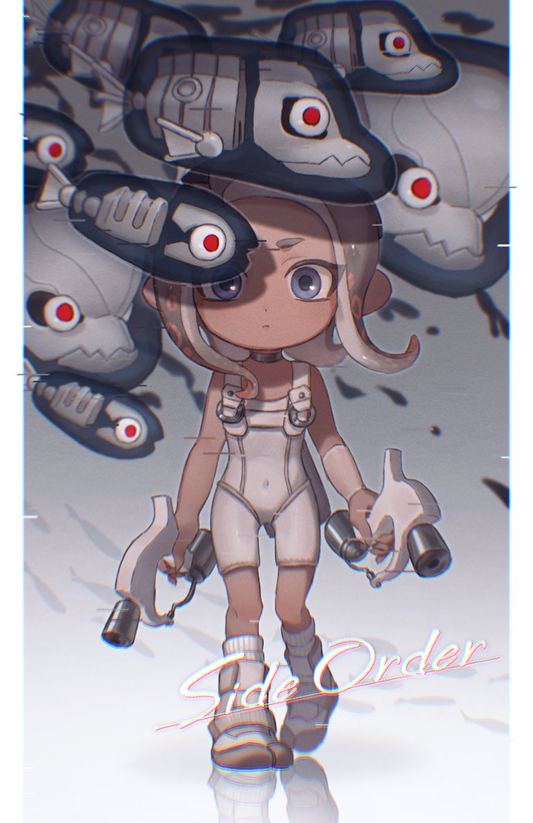 1girl agent_8_(splatoon) battering_lento blue_eyes bodysuit boots brown_hair choker copyright_name dual_wielding fish_skeleton grey_choker grey_hair hero_dualies_(splatoon) holding jelleton long_hair marching_andante multicolored_hair octoling octoling_girl octoling_player_character oekaki_azu parted_lips red_eyes splatoon_(series) splatoon_3 splatoon_3:_side_order standing standing_on_one_leg swarming_languendo tentacle_hair two-tone_hair white_bodysuit white_footwear