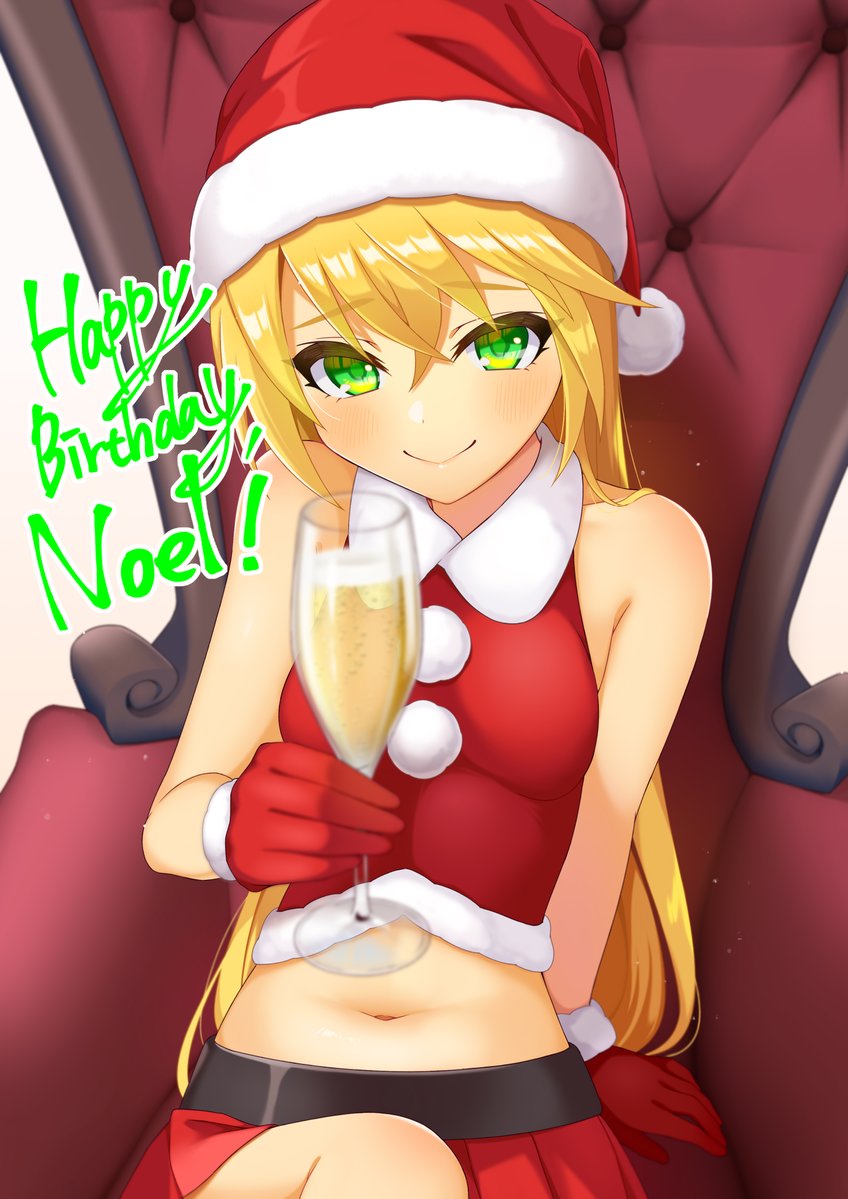1girl bare_shoulders blazblue blonde_hair breasts chair character_name cup drawika02 drinking_glass gloves green_eyes hair_between_eyes happy_birthday hat holding holding_cup long_hair looking_at_viewer midriff navel noel_vermillion on_chair red_gloves red_headwear red_shirt red_skirt santa_hat shirt sitting skirt sleeveless sleeveless_shirt small_breasts smile solo