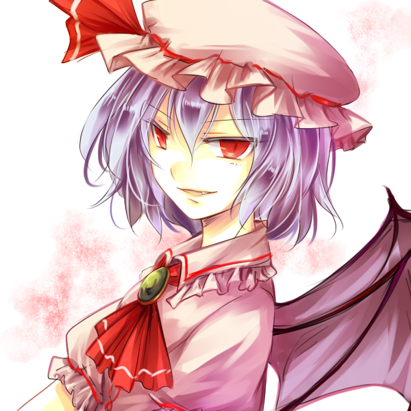 1girl ascot bat_wings commentary_request hat hat_ribbon kutsuki_kai mob_cap pink_headwear purple_hair red_ascot red_eyes red_ribbon remilia_scarlet ribbon short_hair short_sleeves smile solo touhou upper_body white_background wings