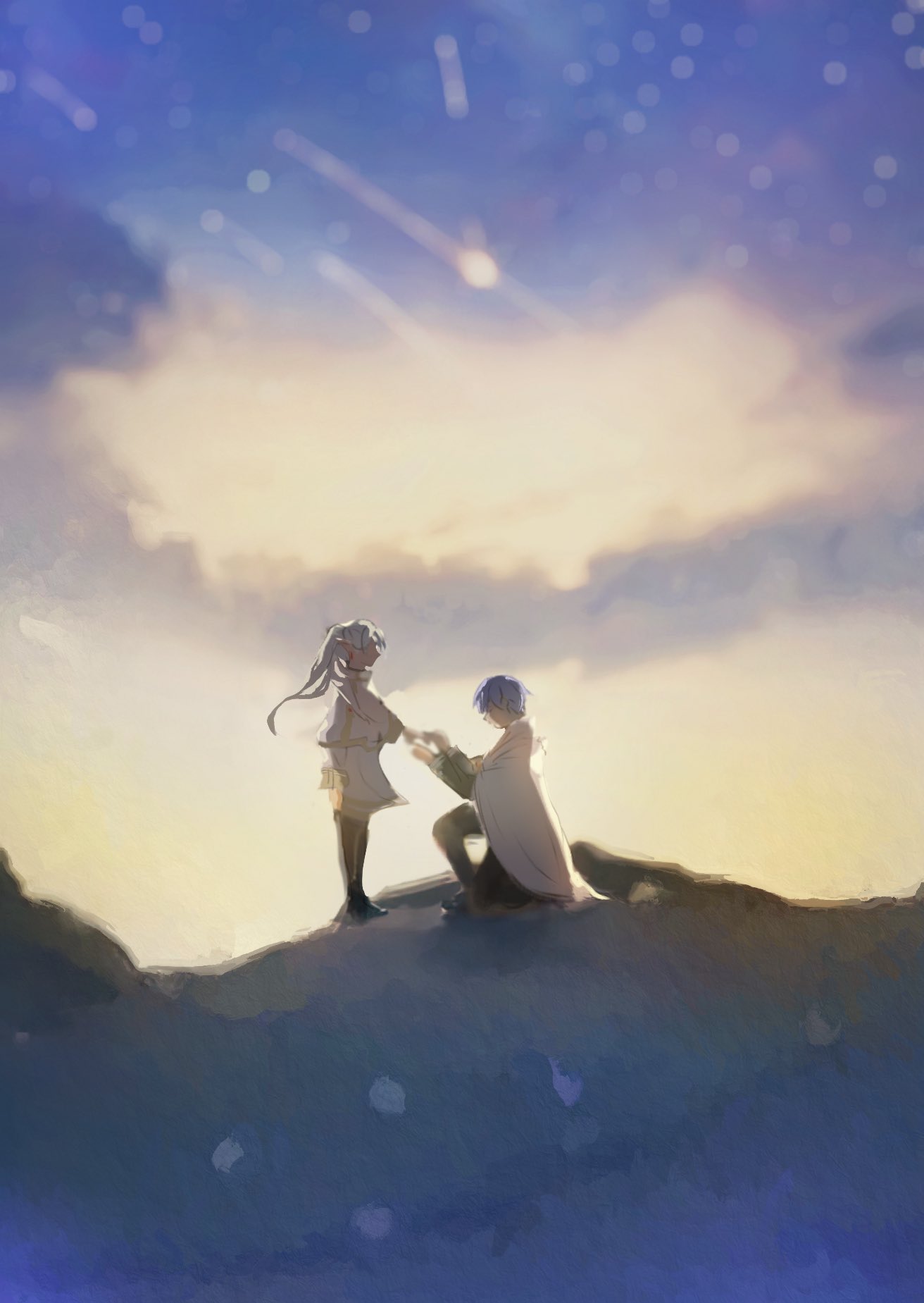 1boy 1girl backlighting blue_hair blurry capelet cloak cloud depth_of_field dress falling_star frieren from_side full_body gold_trim hands_up highres himmel_(sousou_no_frieren) hood hood_down hooded_cloak long_hair marriage_proposal profile short_hair sky sousou_no_frieren standing star_(sky) starry_sky white_capelet white_cloak white_dress white_hair yi_12199