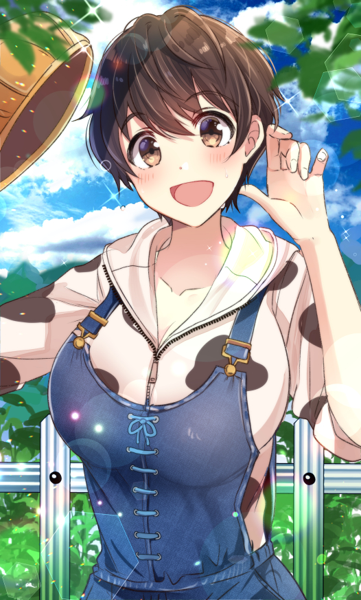 1girl animal_print apron blue_apron blue_sky blurry blush breasts brown_eyes brown_hair bush chocho_(homelessfox) cleavage collarbone cow_print day depth_of_field dot_nose fence hand_up idolmaster idolmaster_cinderella_girls idolmaster_cinderella_girls_starlight_stage large_breasts lens_flare light_particles long_sleeves looking_at_viewer oikawa_shizuku open_mouth outdoors print_shirt rainbow_gradient shirt short_hair sky smile solo sparkle sweat tree upper_body wooden_fence zipper zipper_pull_tab