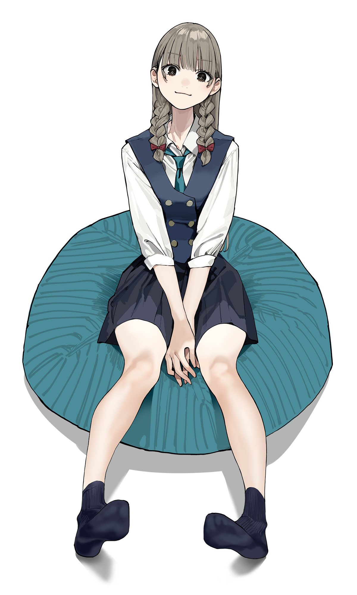 1girl aqua_necktie between_legs blue_sky blue_socks blue_vest blunt_bangs bow braid brown_hair buttons character_request closed_mouth collared_shirt commentary copyright_request double-breasted feet full_body grey_eyes hair_bow hand_between_legs highres legs long_hair long_sleeves looking_at_viewer miniskirt necktie no_shoes official_art pleated_skirt red_bow ribbed_socks second-party_source shadow shirt simple_background sitting skirt sky smile socks soles solo toes vest white_background white_shirt yomu_(sgt_epper)