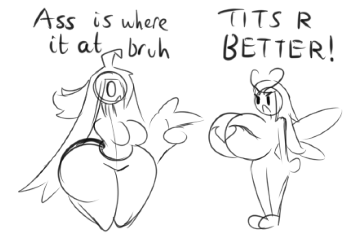 annoyed anthro big_breasts big_tail black_text breasts butt dialogue duo female fingers generation_3_pokemon hair_hand harriett_(latiar) latiar milotic nintendo open_mouth pokemon pokemon_(species) sketch tail text thick_thighs wide_hips