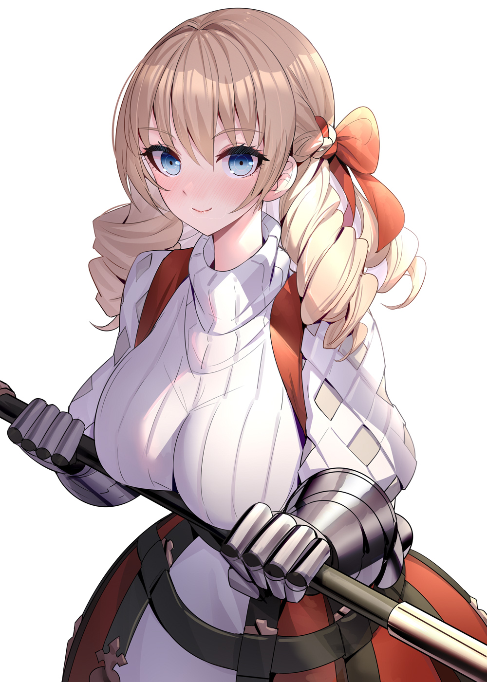 1girl armor blonde_hair blue_eyes blush bow breasts brown_hair closed_mouth commentary gauntlets hair_between_eyes hair_bow hair_ribbon highres holding large_breasts long_hair long_sleeves looking_at_viewer polearm puffy_long_sleeves puffy_sleeves red_bow red_skirt ribbed_sweater ribbon ririko_(zhuoyandesailaer) scarlett_(unicorn_overlord) simple_background skirt smile solo suspender_skirt suspenders sweater turtleneck turtleneck_sweater unicorn_overlord weapon white_background white_sweater