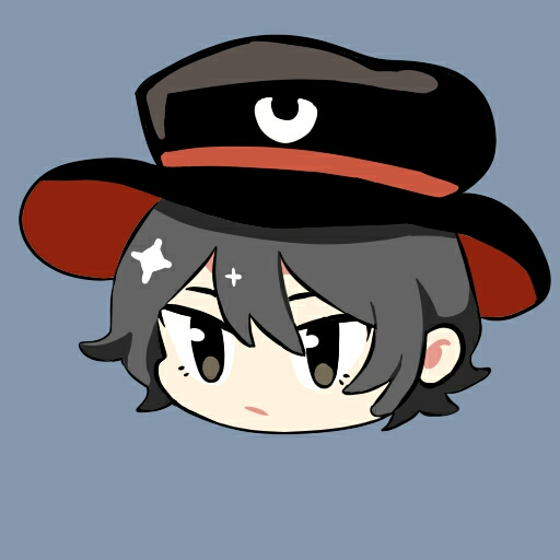 1other androgynous black_eyes black_hair black_headwear blue_background chinese_commentary closed_mouth commentary_request enraku_tsubakura eye_of_senri eyelashes hair_between_eyes hat head_only len'en light_frown looking_ahead mxx33 other_focus red_headwear short_hair simple_background solo sparkle top_hat two-sided_fabric two-sided_headwear