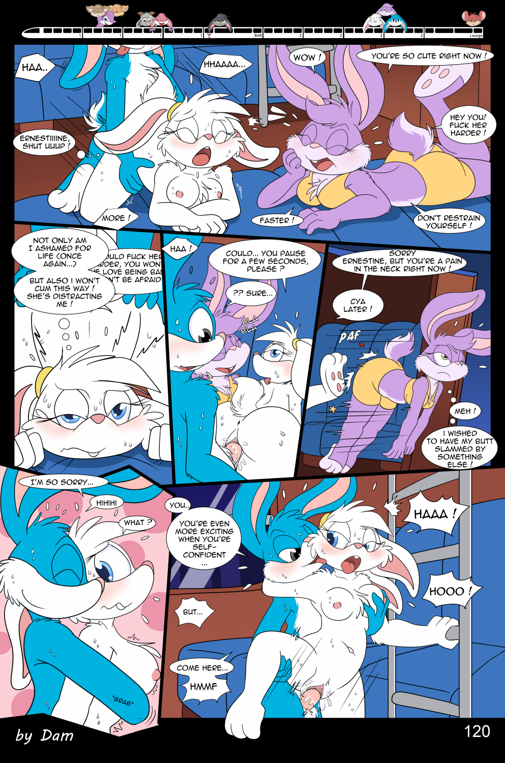 3_toes 4_fingers anthro babs_bunny breasts buster_bunny clothed clothing comic dam_(artist) dialogue english_text feet female fifi_la_fume fingers group hi_res lagomorph leporid male mammal mephitid plantigrade rabbit skunk speech_bubble text tiny_toon_adventures toes toons toony train vehicle warner_brothers