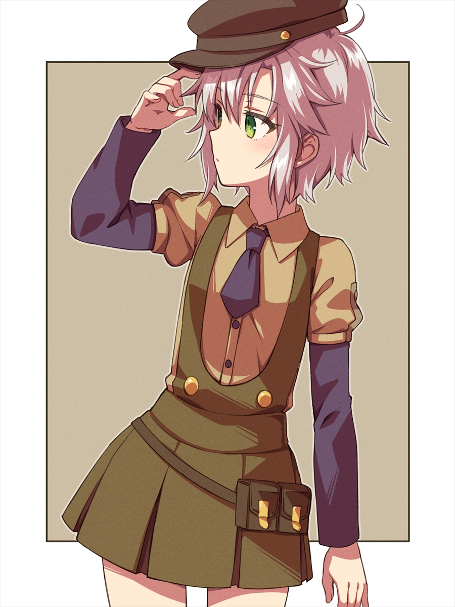 1girl alternate_costume arm_at_side border brown_headwear casual chihiro_(chihiro3399) closed_mouth collared_shirt commentary cowboy_shot dress eiyuu_densetsu expressionless fie_claussell green_dress green_eyes grey_hair hair_between_eyes hand_up hat highres juliet_sleeves light_blush light_brown_background long_sleeves looking_to_the_side peaked_cap puffy_sleeves sen_no_kiseki shirt short_hair simple_background sleeveless sleeveless_dress solo spiked_hair tsurime white_border yellow_shirt