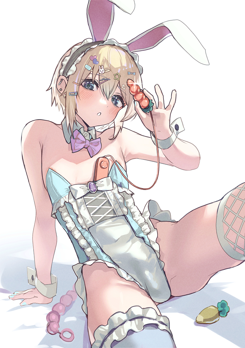 1boy animal_ears aqua_nails aqua_suit aqua_thighhighs arm_behind_back bare_shoulders black_headdress blonde_hair blue_eyes bow bowtie butt_plug carrot_butt_plug crossdressing detached_collar fishnet_thighhighs fishnets food-themed_hair_ornament hair_between_eyes hair_bow hair_ornament hairclip hand_up head_tilt highres holding holding_sex_toy ice_cream_hair_ornament looking_at_viewer male_playboy_bunny manicure nail_polish open_mouth original otoko_no_ko purple_bow purple_bowtie rabbit_ears rabbit_hair_ornament sex_toy simple_background sitting star_(symbol) star_hair_ornament suit thighhighs vibrator white_background white_bow white_suit wrist_cuffs yoruhachi
