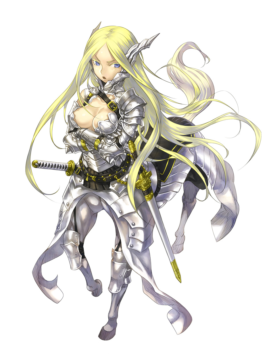 armor belt big_breasts blonde_hair blue_eyes breasts buckle centaur cleavage clothed clothing crossed_arms equid equid_taur female gloves gorget hair handwear hi_res hooves horn humanoid_taur light_body light_skin long_hair looking_at_viewer mammal mammal_taur melee_weapon open_mouth plate_armor scabbard sheathed_sword shinazo simple_background solo standing straps sword tail taur weapon white_armor white_background